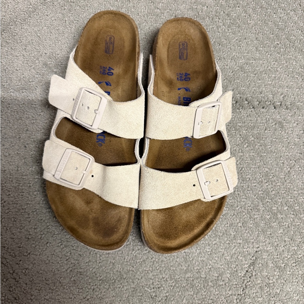 Birkenstock Two-Strap Suede Sandals in Light Beige